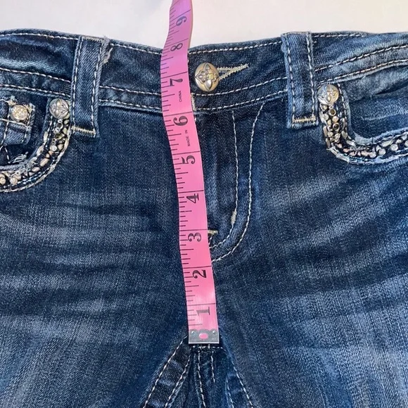 MISS ME 27 Signature Boot-cut distressed 5 Pocket Jeans Low Rise Factory Fading - Picture 7 of 16